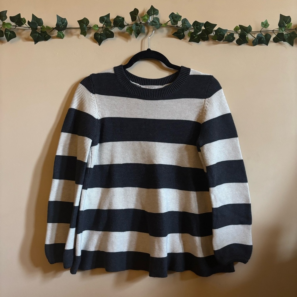 LOFT Women's Knit Crewneck Cotton Striped Black and Cream Flowy Sweater